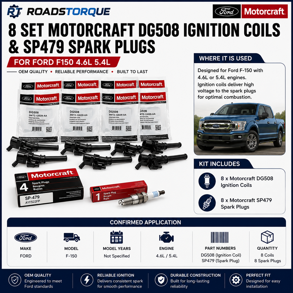 8 Set Motorcraft DG508 Ignition Coils & SP479 Spark Plugs for Ford F150 4.6L 5.4L