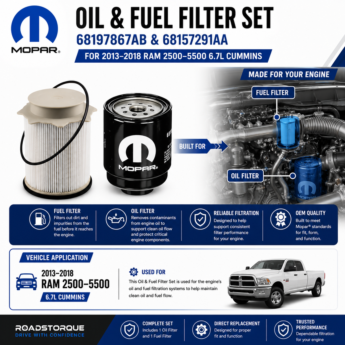 Mopar Oil & Fuel Filter Set 68197867AB & 68157291AA for 2013–2018 Ram 2500–5500 6.7L Cummins
