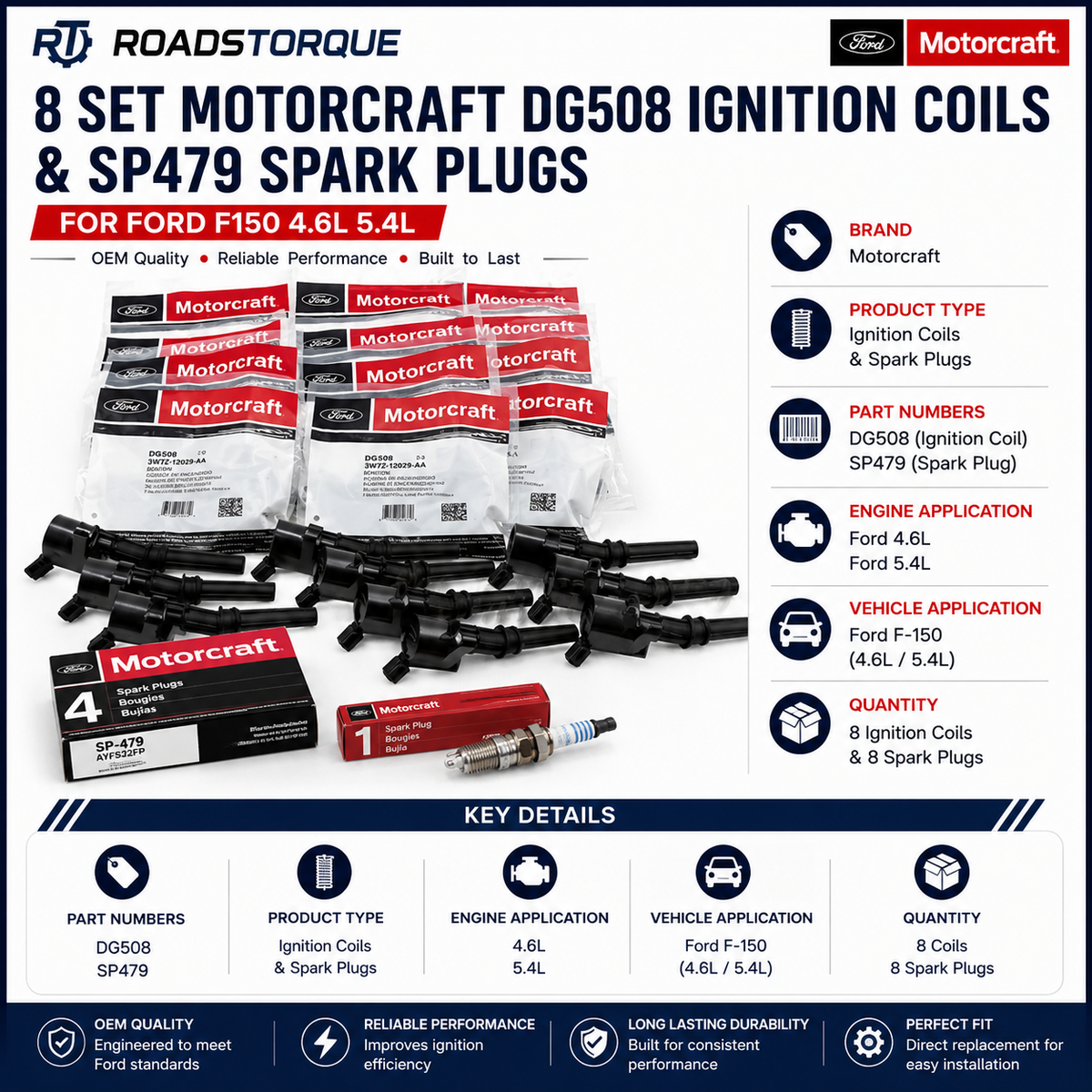 8 Set Motorcraft DG508 Ignition Coils & SP479 Spark Plugs for Ford F150 4.6L 5.4L
